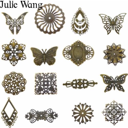 Julie Wang 16PCS Vintage Butterfly Flowers Charms Connector Iron Antique Bronze Bracelet Jewelry Making Pendant Accessory