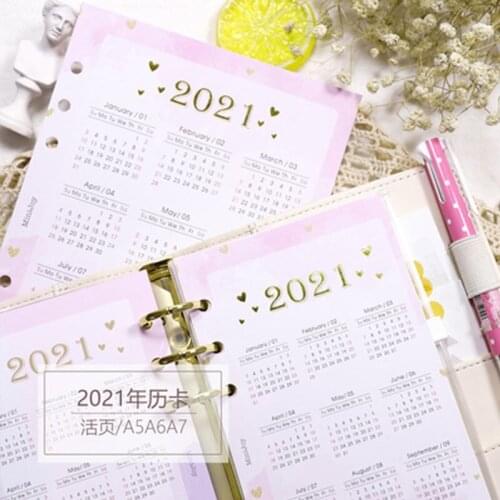 1sheet Pink 6 Holes 2021 Calendar A5 A6 A7 Notebook Index Divider for Diary Binder Monthly Planner Colorful Card Paper