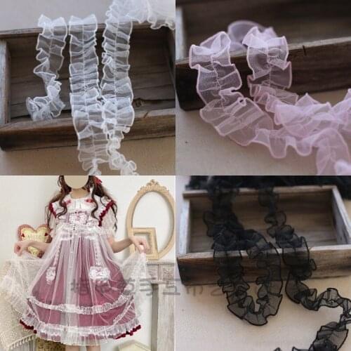2Meters Pleated Lace Fabric White Pink Lace Trim Collar Ribbon Skirt Hem Sewing Guipure Crafts Mesh Gauze Laces Dress Dentelle