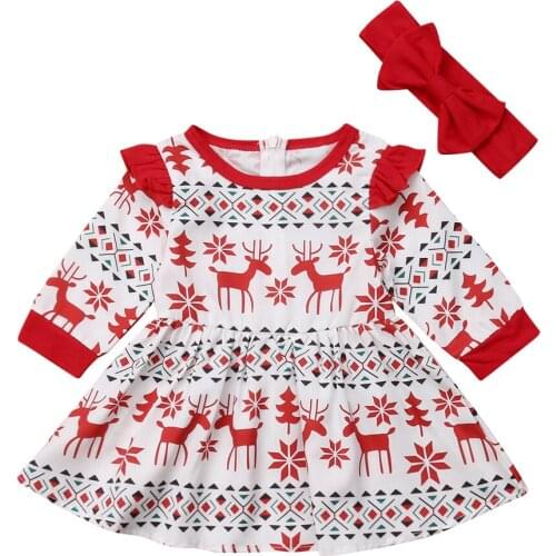 Cute Toddler Kids Baby Girl Christmas Deer Fly Sleeve Cotton Party Dress Red Headband 2Pcs Clothes Autumn Princess