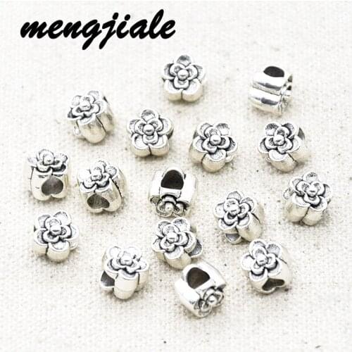 20pcs Wholesale Antique Silver Big Hole 4mm Beads Flower Charms Alloy Metal Jewelry For DIY Handmade Bracelet Accessories Making