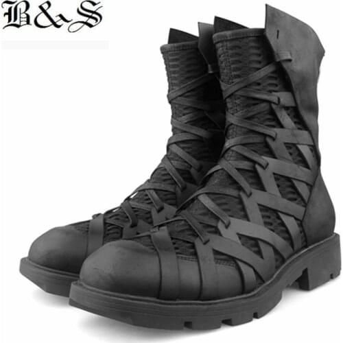 2019 Vintage genuine Cow Leather Mesh Breathable personalized patchwork Hip Hop motorcycles fashion Boots