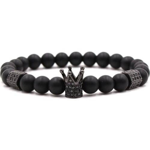2021 Trendy 8mm Matte Black natural stone bead Bracelets Pave CZ Crown Square bracelet for Men&Women Handmade charm DIY Jewelry