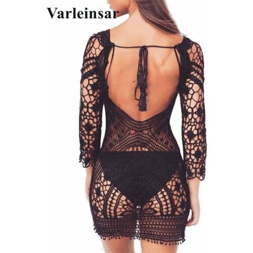 2021 Sexy Black Lace Crochet Knitted Backless Tunic Beach Cover Up Cover-ups Beach Dress Beach Wear Beachwear Female Women V367