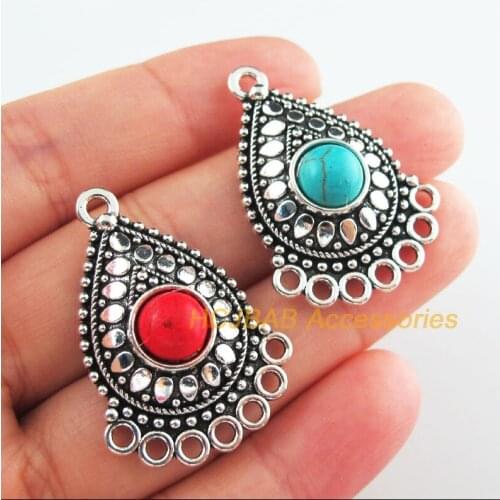 6Pcs Retro Tibetan Silver Tone Teardrop Flower Blue&Red Stone Charms Connectors 25.5x36mm