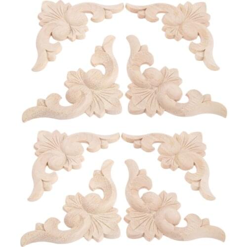 8pcs Woodcarving Corner Decal Unpainted Oak Wood Carved Decal Onlay Applique Frame Home Furniture Door Decor Crafts 10cm Flower