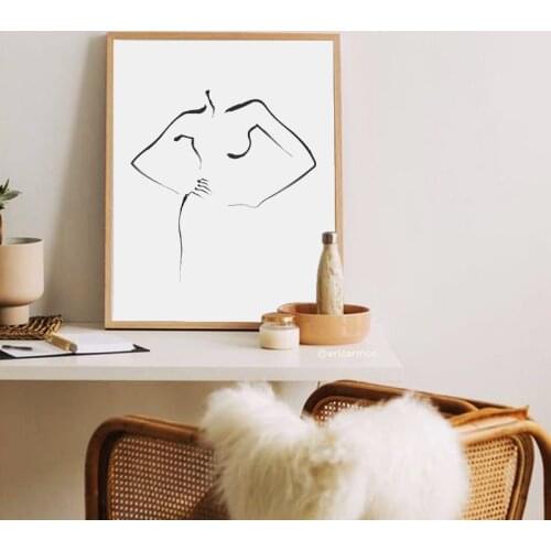 Abstract Woman Line Drawing Painting Prints Black White Burnt Orange Neutral Wall Art Picture Minimalist Poster Bedroom Decor