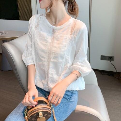 White Blouse Lace Shirt Women 2021 New Floral Lantern Sleeve Summer Five-point Sleeve Round Neck Chiffon Shirt Hollow Top Female