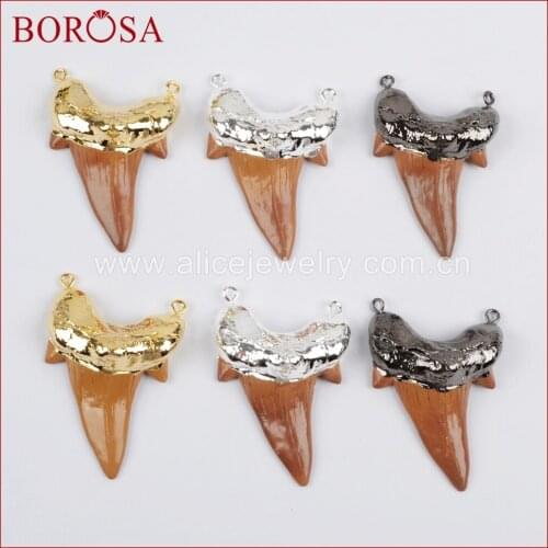 BOROSA 1piece Shark Teeth Gold Color Brown Resin Connector Double Bails Druzy Charms DIY Necklace Gems Jewelry G1331 S1331 B1331