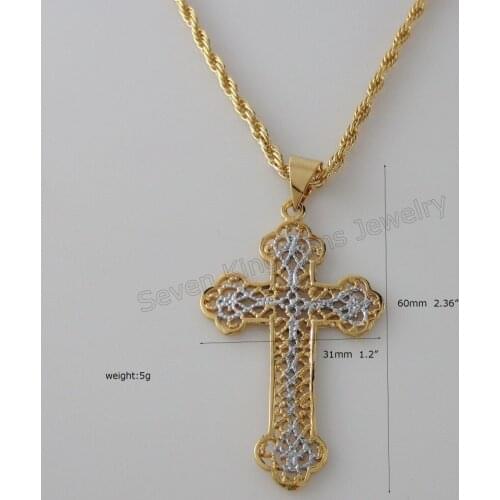 YELLOW & WHITE GOLD GP 24" ROPE NECKLACE& JESUS CROSS CRUCIFIX WITH MESH FLOWER PATTERN PENDANT HANGS 2.36"