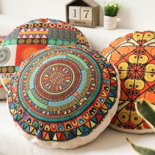 Retro Ethnic Style Round Shape Sofa Cushion Cover Futon Pillowcase Without Core for Living Room Car Office Cushion High Quality