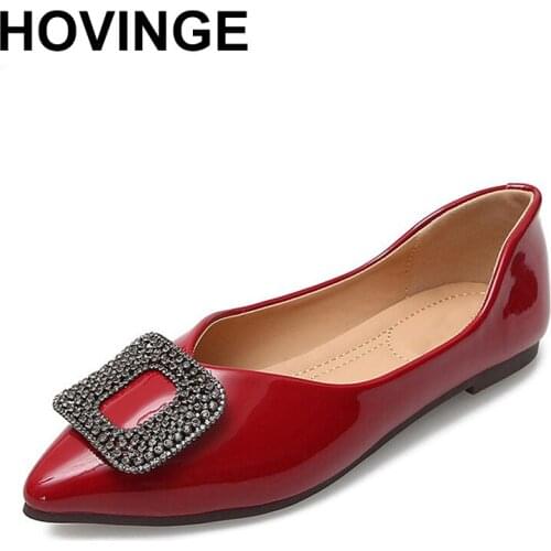 HOVINGEPlus Size Women Shoes Flat Loafers Rhinestones Buckles Flats Lady SlipOn Shallow Shoes Pointed Toe Patent LeatherFootwear