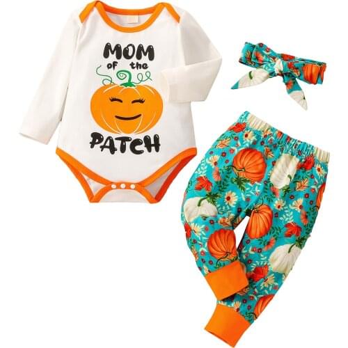 2021 0-12M Halloween Infant Girl Boy Clothes Set Cartoon Pumpkin Letter Print Long Sleeve Romper+Floral Pants+Headband Costume