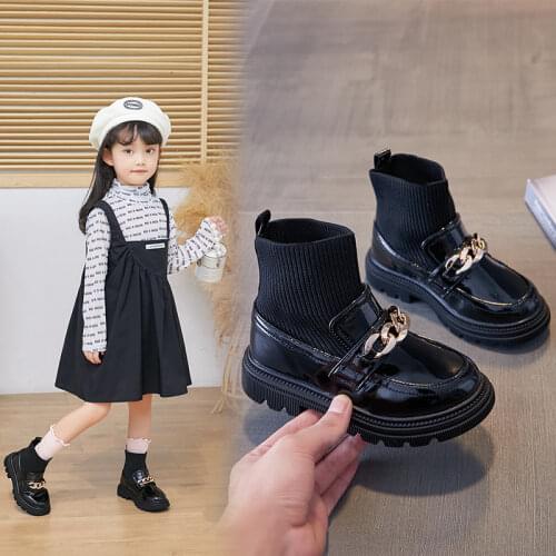Princess Fashion Metal Chain Boots Child Kids Shoes For Girls Autumn Ankle Black Boots 2021 New ChildrenS Socks Boots 3-12 Year