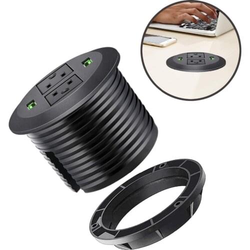 3 inch Desk Power Grommet, USB Grommet with Green Port, Desk Hole Round Grommet Outlets with 2 AC Outlets and 2 USB Ports 6.5FT