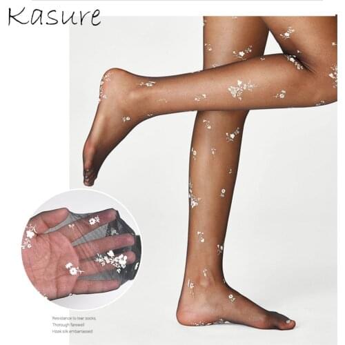 KASURE New Fashion Sexy Transparent Tights With Silver Flower Pattern Pring High Waist Fishnet Mesh Female Tights