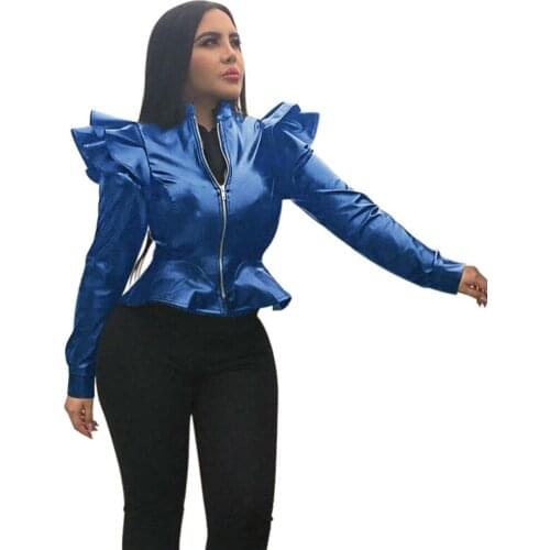 Autumn Winter Black PU Leather Jacket Women Motorcycle Biker Jacket Moto Vintage Ruffles Zip Slim Coats Outerwear Chaqueta Mujer