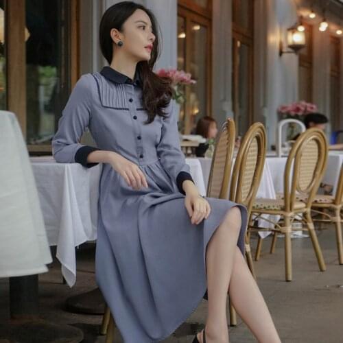 French retro pleated design vacation lace stitching dress female temperament was thin high waist college style retro dress F1220