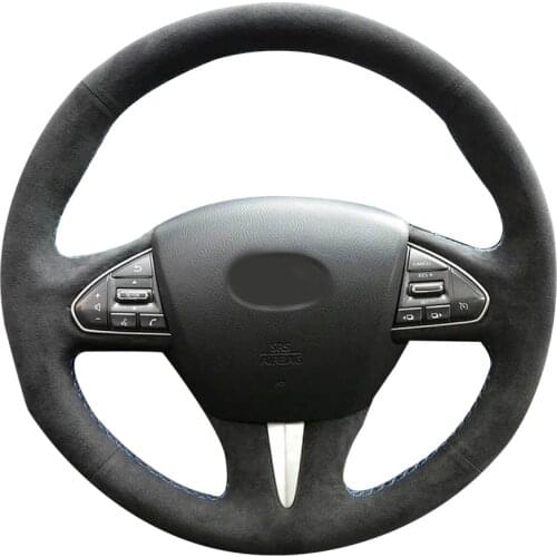 All Black Suede Leather Steering Wheel White Stitch on Wrap Cover Fit For Infiniti Q50 QX50 2015-2017