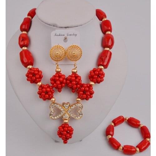 Latest Red Coral Jewelry Set Nigerian Wedding Coral Beads Costume Necklace African Set 12-P-04
