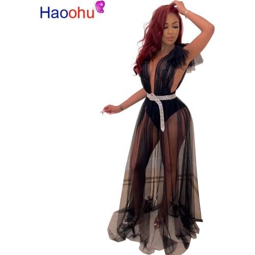 HAOOHU Sexy Mesh Sheer Maxi Dress Women Deep-V Neck Robe Ladies Elegant Long Dresses Summer Vestidos Night Club Party Dress