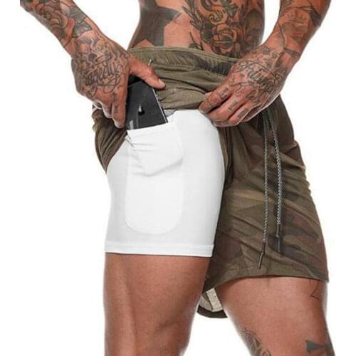 New Men 2 in 1 Running Shorts Gym Fitness Bodybuilding Training Quick Dry Beach Short Pants Male Summer Workout Crossfit Bottoms