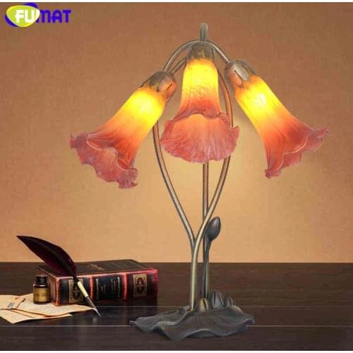 FUMAT Antique Style Glass Lily Table Lamp Artistic Amber Red Shade Stand Living Room Store Bar Bedroom Bedside Decor Desk Light