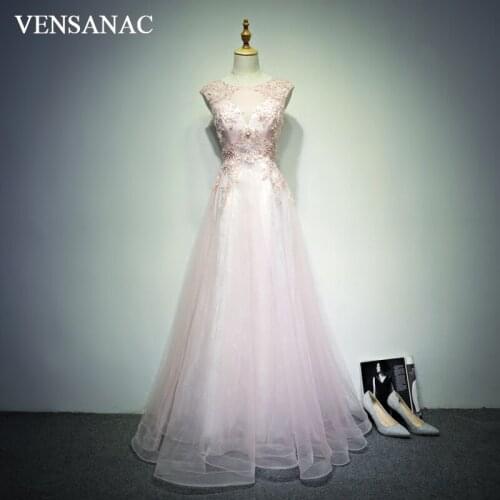 VENSANAC 2018 Sequined O Neck Long A Line Evening Dresses Elegant Lace Party Embroidery Tulle Backless Prom Gowns