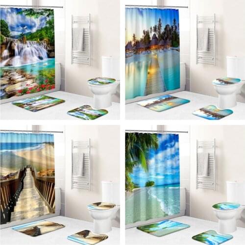 3D Printing Seaside Forest Landscape Printing Waterproof Fabric Bathroom Curtain Cover Non Slip Carpet Bathroom Bath Pad