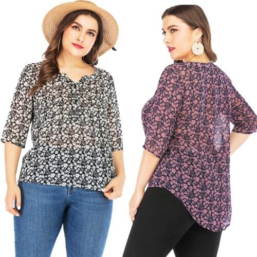 XL-6XL Summer Women Blouse Fashion Print Chiffon Buttons V Neck Tops Casual Loose 3/4 Sleeve Blouses Ladies Tunic Smock Basic