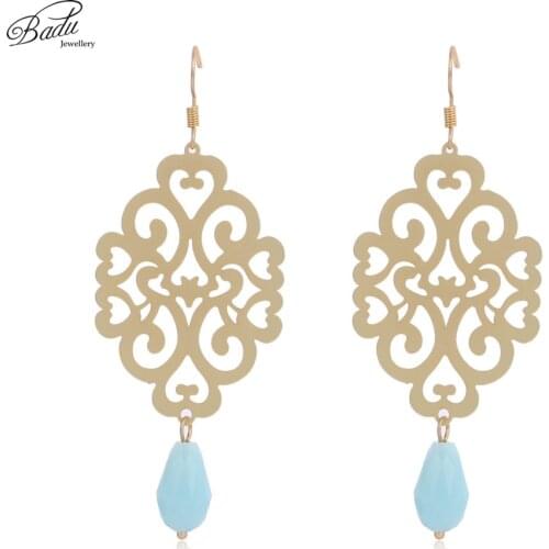 Badu Gold Drop Earring Copper Hollow Out Women Vintage Dangle Earrings Sky Blue Crystal Pendant Fashion Jewelry Drop Shipping