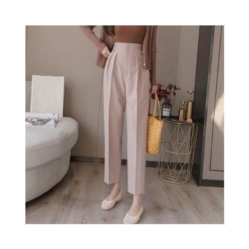 Elegant Office Lady Ankle-Length Pants 2021 New Spring Korean Ol Style Women Formal Harem Pants Pockets High Waist