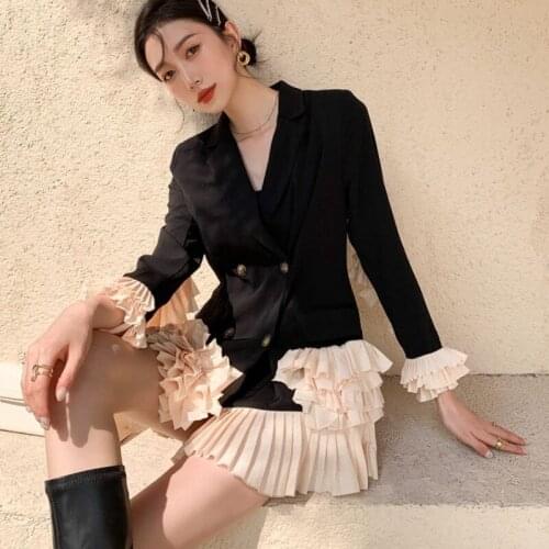Luxury Designer Fashion Notched Collar Long-Sleeved Blazer Coat Autumn Double Breasted Sweet Ruffles Patchwork Chic Top Female