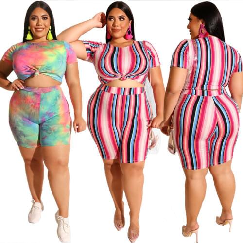 Short sets for Women 2021 Plus Size Outfits Striped Two Piece Sets Conjunto Feminino 2 Piece Set Ensemble Femme Matching Sets