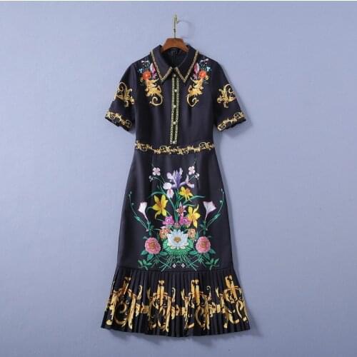 Womens American European and dress 2021 summer new styles Flower print nail bead short sleeve Fashionable fishtail dress