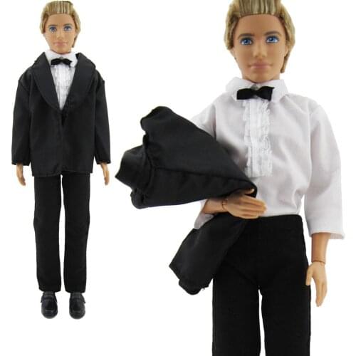 1 Men Suit White Shirt + Pants + Coat Black Tuxedo Formal Business Wedding Party Accessories Clothes for Barbie Ken Doll Kid Toy