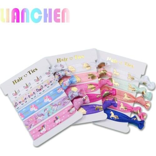 10 cards/lot, 5/8 Elastic Hairband Bowknot Gold Foil Unicorns/Horse printed Knotted Hand Band For Girls Hair Ties Headwear
