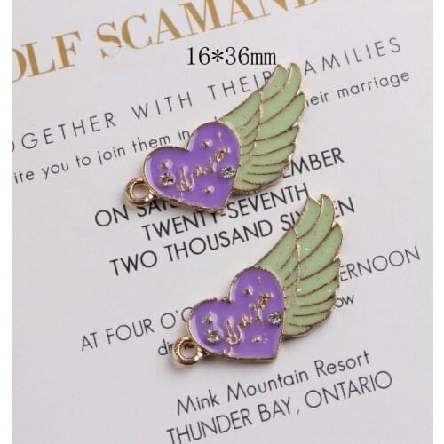 10pcs Crystal Oil Drop Purple Love Wings Enamel Charms Metal Dangle Charm Pendant for DIY Jewelry Making Accessories