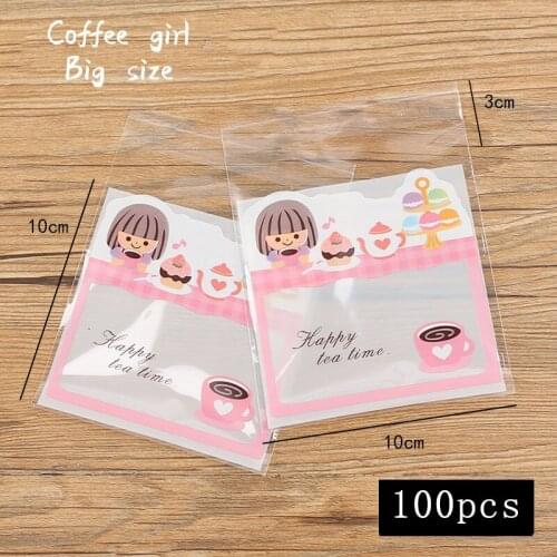100pcs/lot Homemade Cookies Packaging Bag Cute Cartoon Coffee Girl Pink Cake Snack Food Packaging Party Baking Candy Bag 10x10