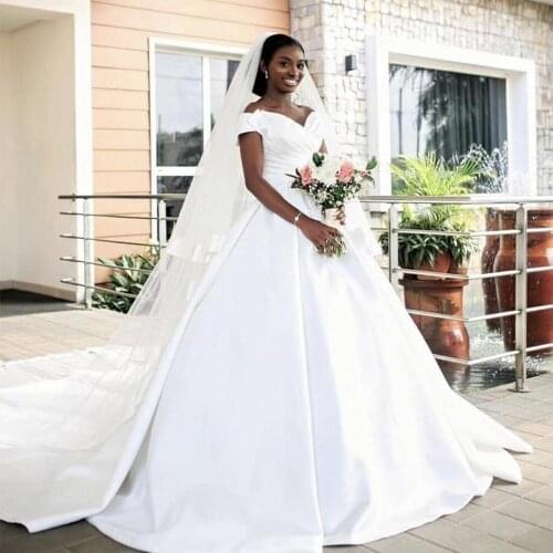 Africa Satin A-Line Wedding Dresses Off Shoulder Bridal Gowns Arabic Middle East Church Nigerian Court Train Vestido De Noiva