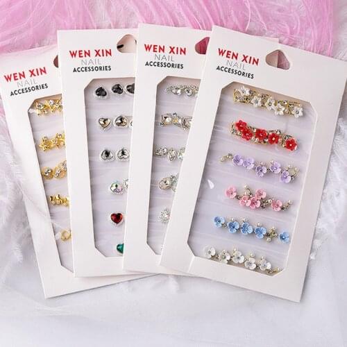 6 Girds/Pack Mixed Design Shiny 3D Nail Art Decorations Crystal Metal Chain Pearl Shell Metal Alloy Glass Diamonds DIY Jewelry