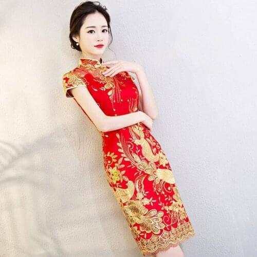 Elegant Lace Standing Collar Hidden Zipper Gold Sequin Embroidery Improved Cheongsam Wedding Party Dress Prom Gown Vestidos
