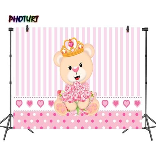 PHOTURT Toy Bear Photography Background Kids Birthday Backdrop Pink Crown Flower Vinyl Banner Photo Decorate Props
