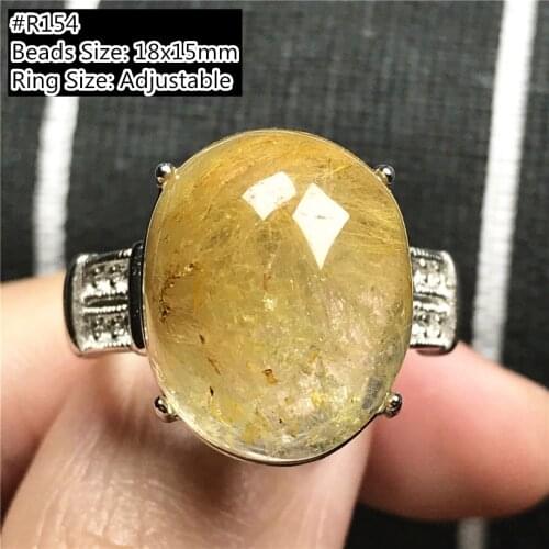 Natural Gold Rutilated Quartz Ring Jewelry For Women Man Wealth Luck Gift Crystal Oval Beads Silver Stone Adjustable Ring AAAAA