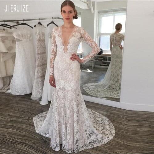 JIERUIZE Vintage Lace Mermaid Wedding Dresse Deep V Neck Long Sleeves Zipper Back Bridal Gowns Bride Dresses Vestido de noiva