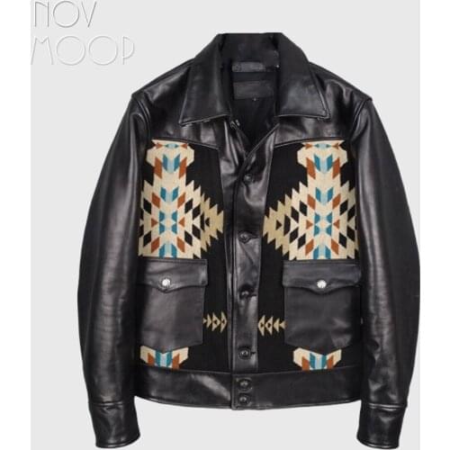 Novmoop genuine leather horsehide mens jacket chic Navajo jacquard wool fabric patched Korean Japanese young boy LT3486