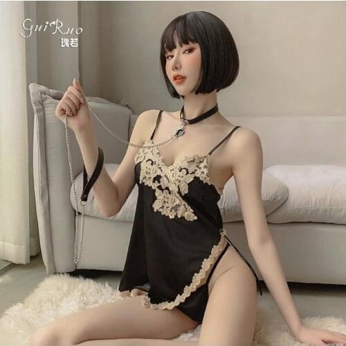Summer Silk Elegant Lady‘s Home Lace Sexy Women Skirt Uniforms Sexy Lingerie Underwear Nightdress Deep V Female Pajamas Dress