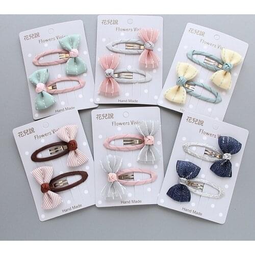 Hot 2Pcs/lot Grid Stripe Satin Bow With Ribbon Covered BB Clip For Girls Kids Handmade Boutique Mini Hairpin Hair Accessories