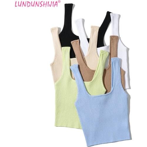 LUNDUNSHIJIA 2021 Summer Womens Square Collar Knitting Tank Tops Ladies Sexy Solid Short Tops 6 Colors