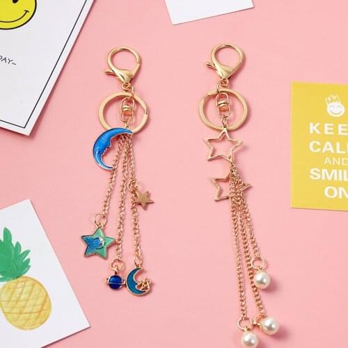 Cute Ins Dream Blue Starry Night Key Chain Metal Tassel Airpods Case Charms Pendant for Women Car Bag Pendant Gift Wholesale